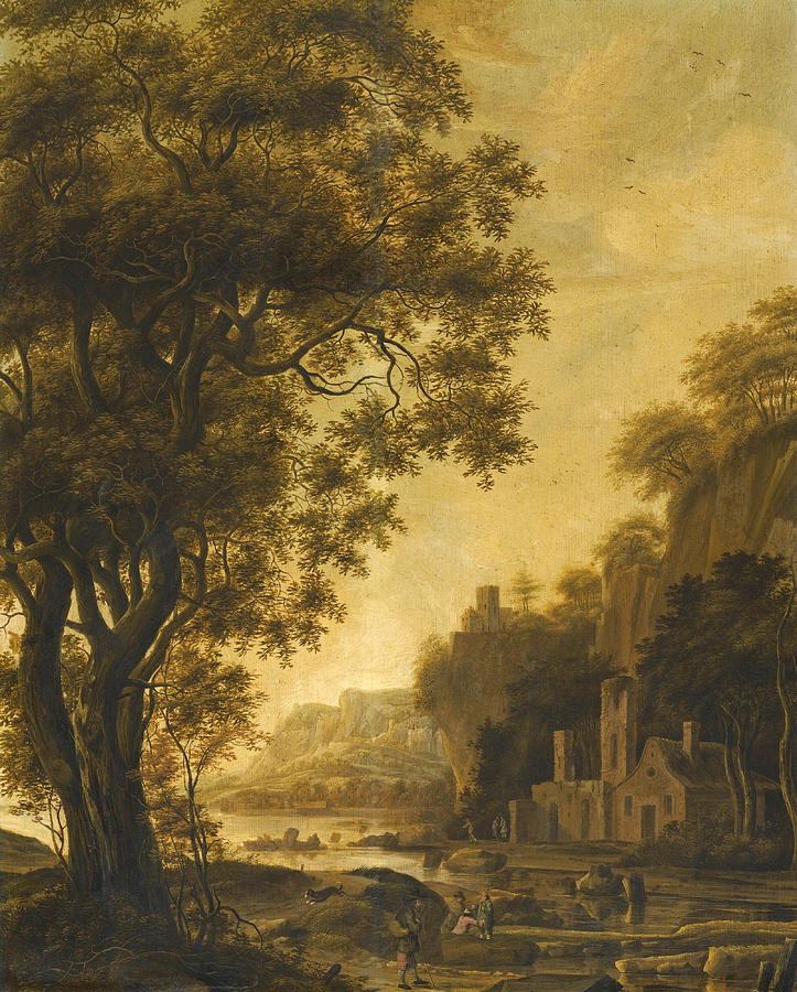 Figures by buildings in a classical landscape Painting by Anthonie Waterloo