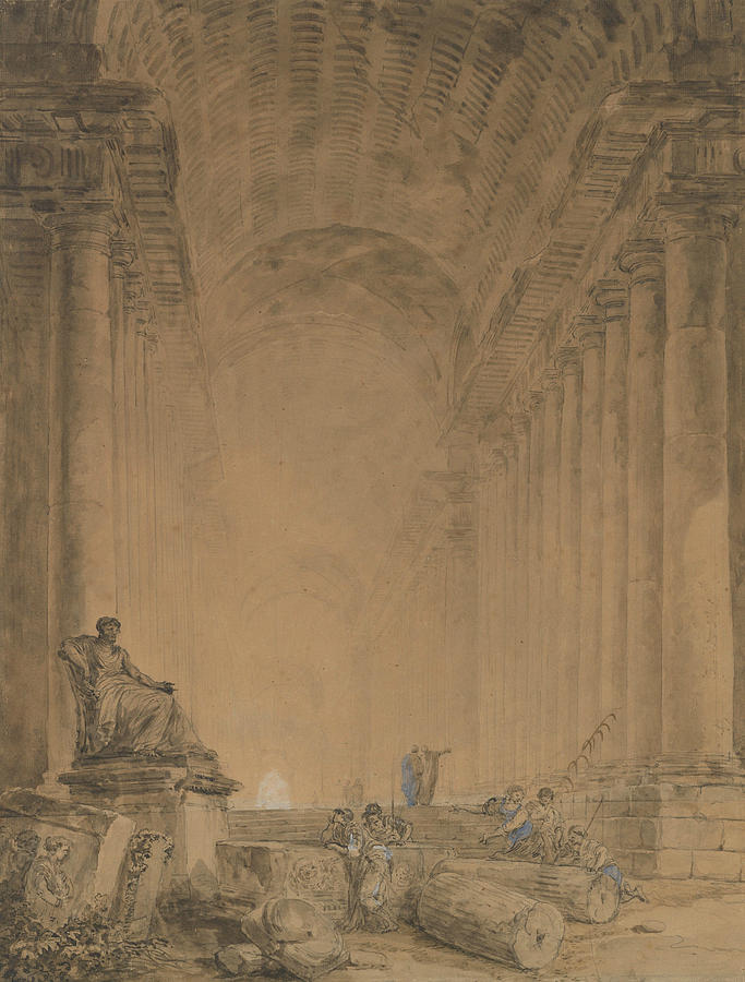 Figures in a Colonnade Drawing by Hubert Robert