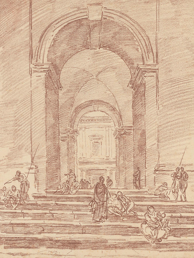 Figures in a Roman Arcade Drawing by Hubert Robert