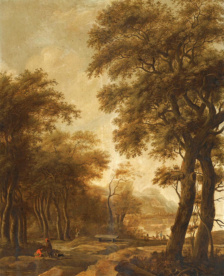 Figures in a wooded river landscape Painting by Anthonie Waterloo