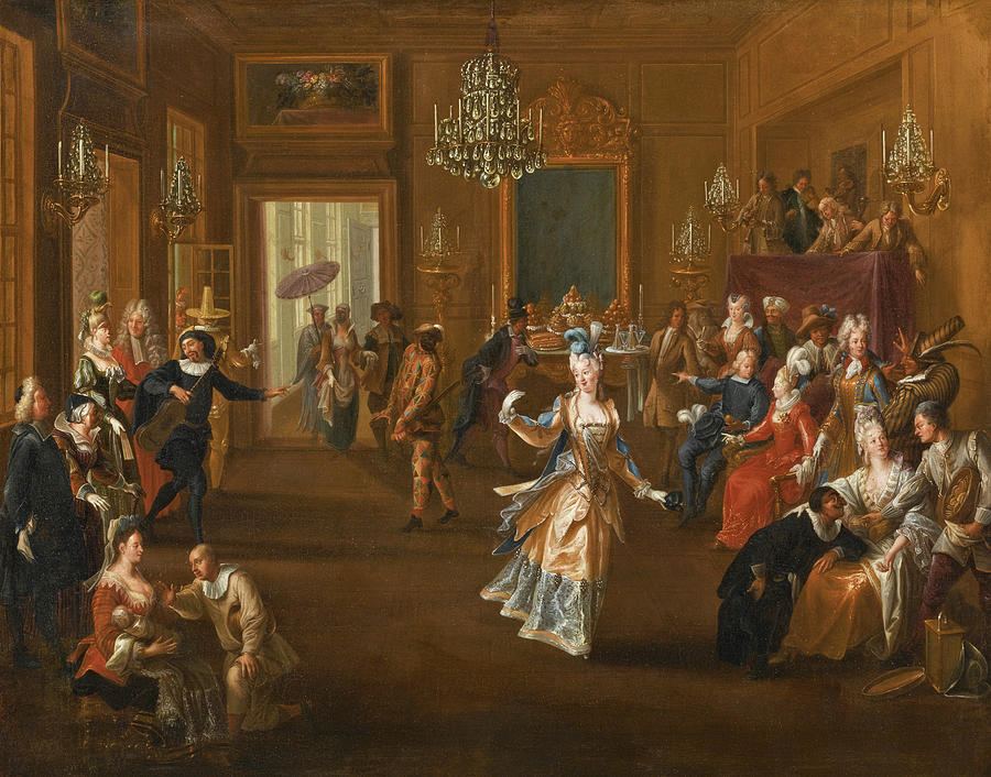 Figures in an elegant interior watching an entertainment with Commedia DellArte Characters Painting by Claude Gillot