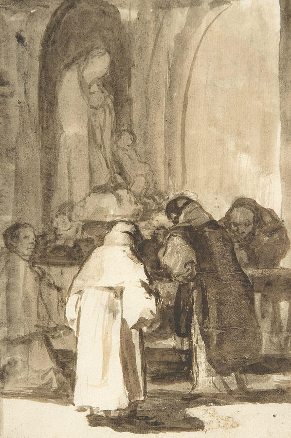 Figures inside a church Drawing by Francisco Goya