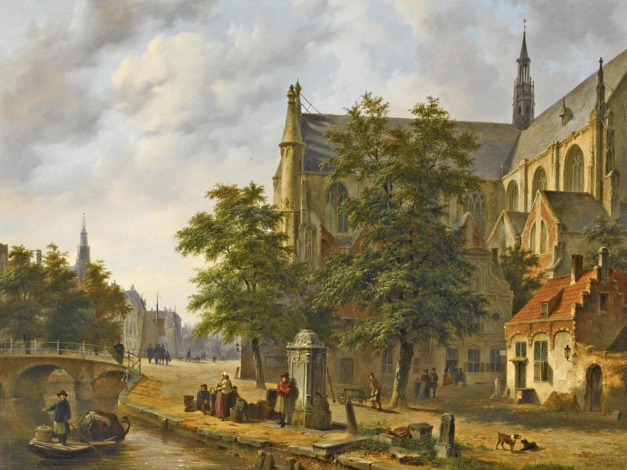 Figures near a Church in a Dutch Town  Painting by Bartholomeus Johannes van Hove