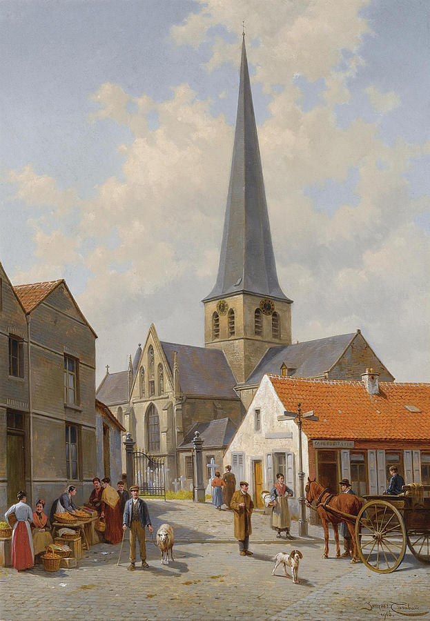 Belgium Painting - Figures on a Market Place at the Church of Sint Kwinters Lennik. Belgium by Jacques Carabain