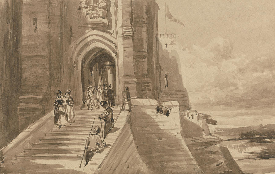 Figures on the Outer Staircase of a Castle Drawing by David Cox