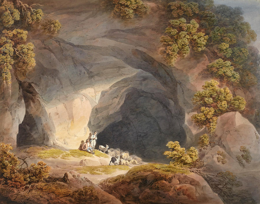 Figures outside a Cave near Abergeley. North Wales Drawing by Francis Nicholson