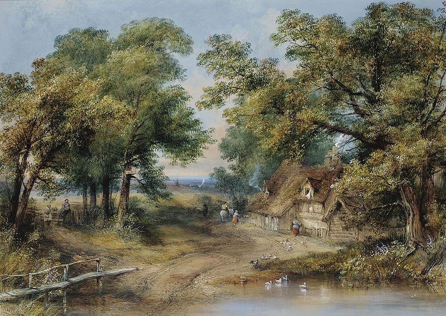 Figures outside a Country Cottage Drawing by Thomas Colman Dibdin
