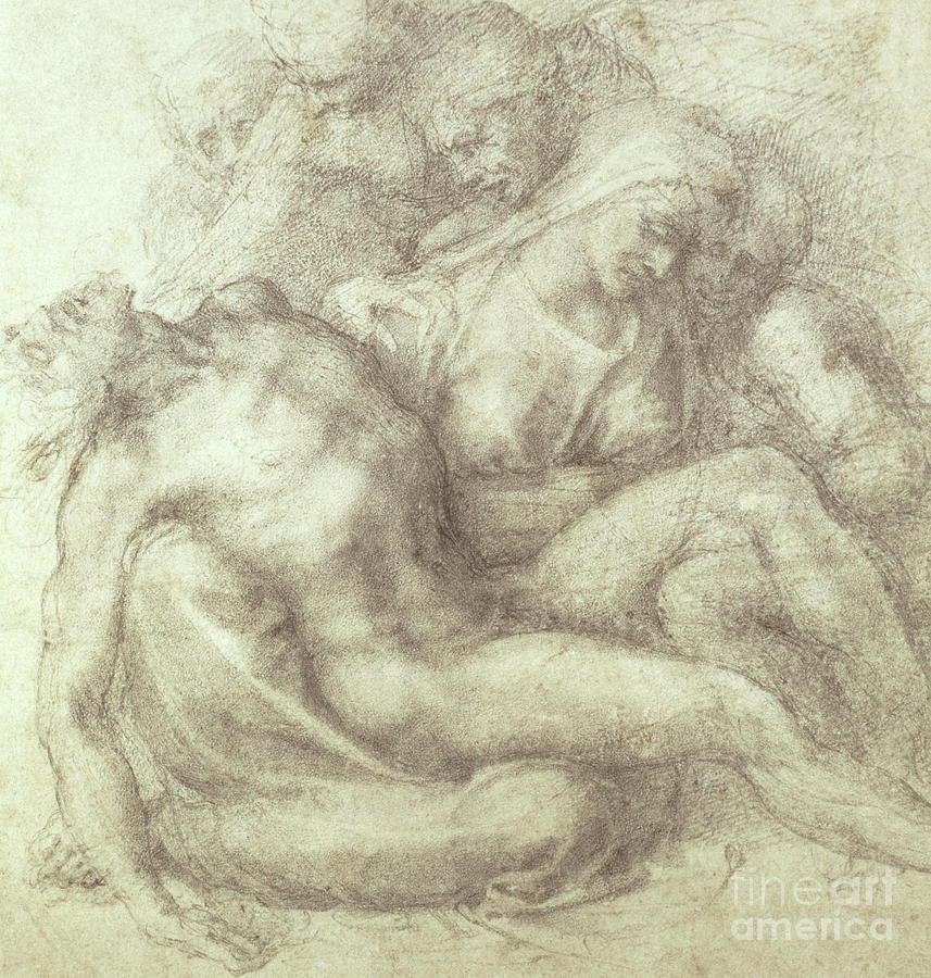Michelangelo Drawing - Figures Study for the Lamentation Over the Dead Christ, 1530 by Michelangelo