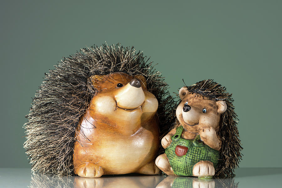 Figurines of two hedgehogs sitting on a reflective surface Photograph ...