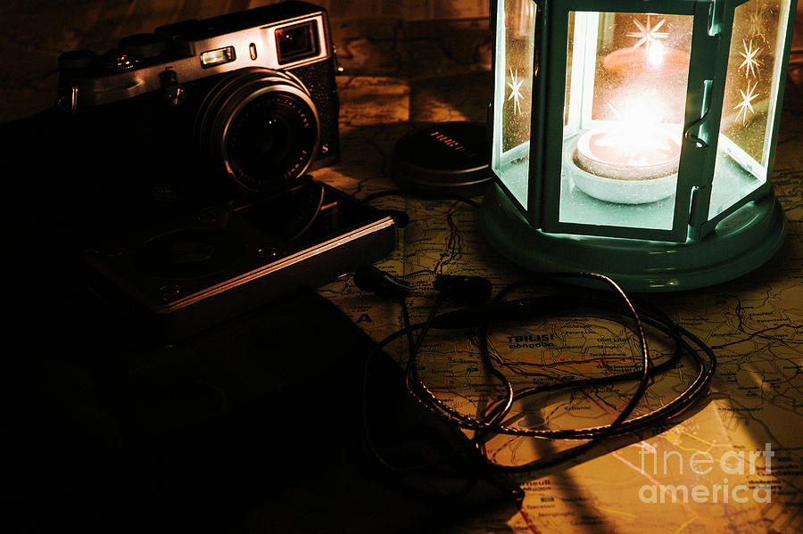 Camera Photograph - Film camera, lantern and map by Ofer Zilberstein