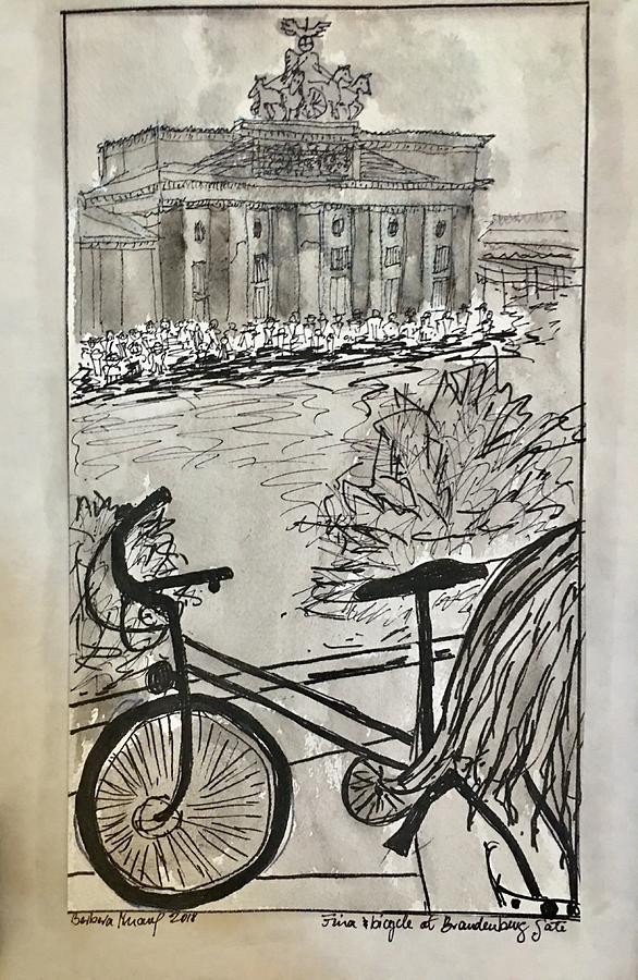  Fina and bicycle at Brandenburg Gate Drawing by Barbara Anna Knauf