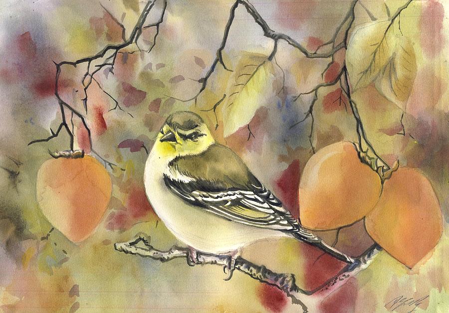 Finch With Persimmon Painting by Alfred Ng