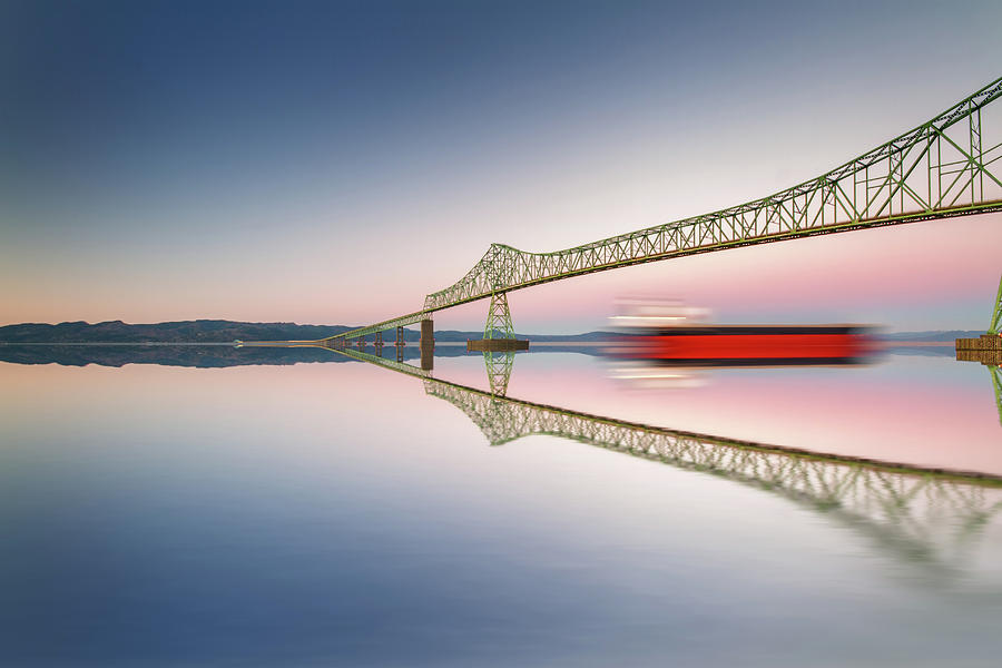 Fine art bridge and ship in clear sky with reflections Photograph by William Lee