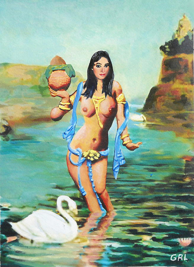 Fine Art Female Nude Asian River Goddess Multimedia Painting Painting by G Linsenmayer