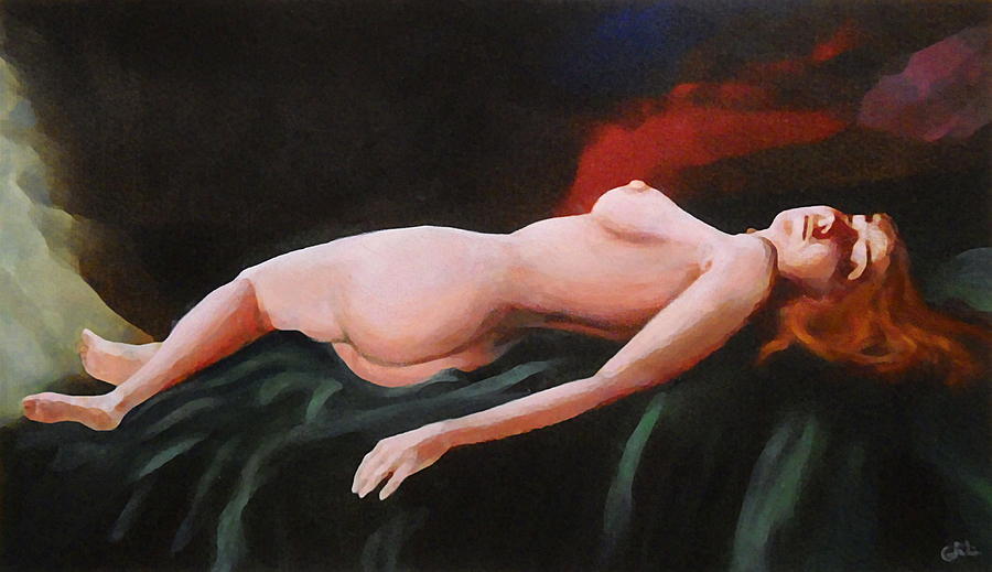 Fine Art Nude Multimedia Painting Pose Reclining2 Dark Green Spread Painting by G Linsenmayer