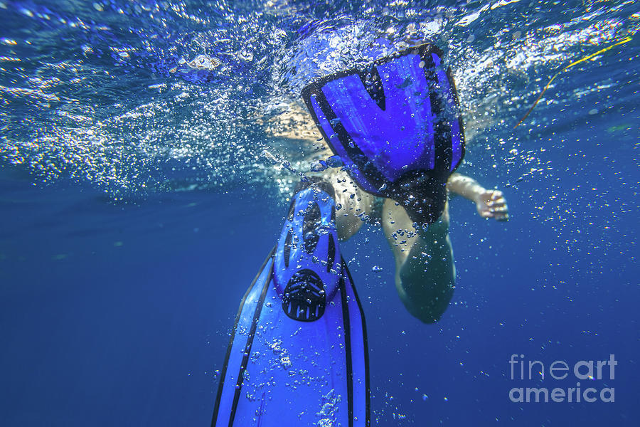 Fins snorkeler under water Photograph by Benny Marty