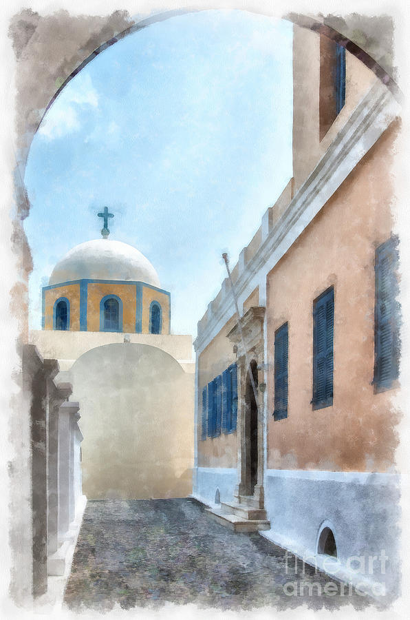 Fira catholic cathedral digital watercolor painting Painting by Antony McAulay