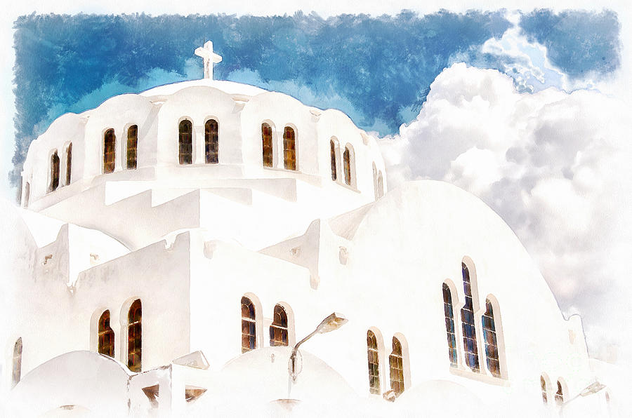 Greek Painting - Fira Orthodox Metropolitan cathedral digital watercolor painting by Antony McAulay