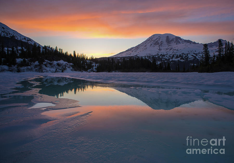 Fire and Ice Rainier Winter Lake Reflection Photograph by Mike Reid