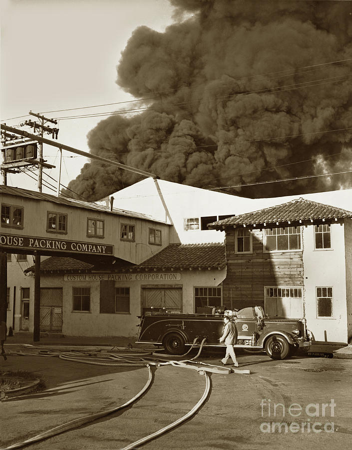 Fire Photograph - Fire at Cannery Row, Custom House Packing Company Sea Beach Cannery 1953 by Monterey County Historical Society