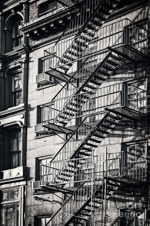 Architecture Photograph - Fire escape stairs, black and white by Delphimages Photo Creations