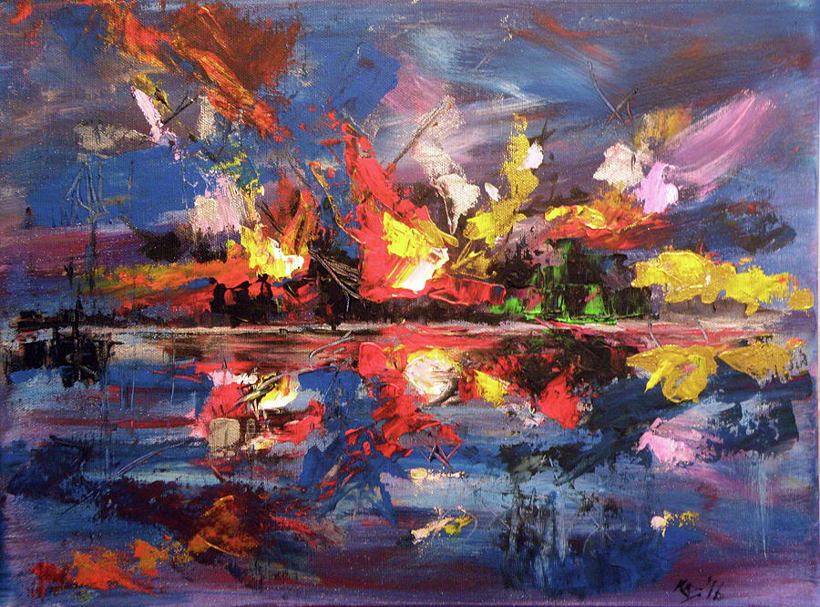 Fire in the harbor Painting by Kovacs Anna Brigitta