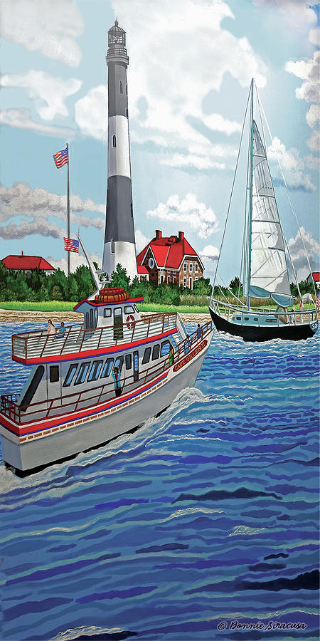 Fire Island Lighthouse and boats in the Great South Bay towel version Painting by Bonnie Siracusa