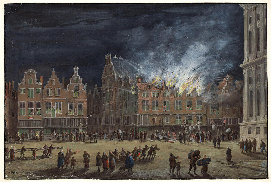 Fire on the corner of Kalverstraat and Dam Square in Amsterdam Drawing by Abraham Rademaker