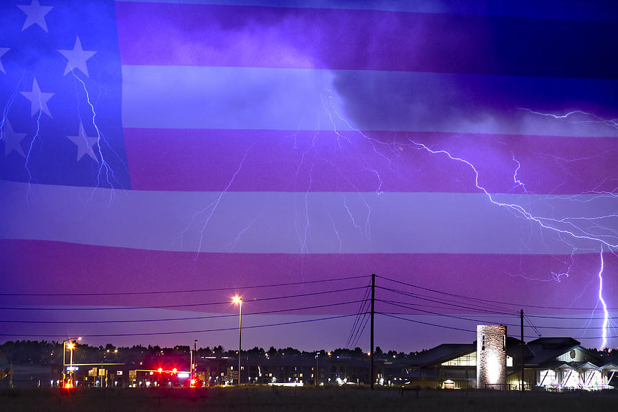 Fire Rescue Station 67  Lightning Thunderstorm with USA Flag Photograph by James BO Insogna