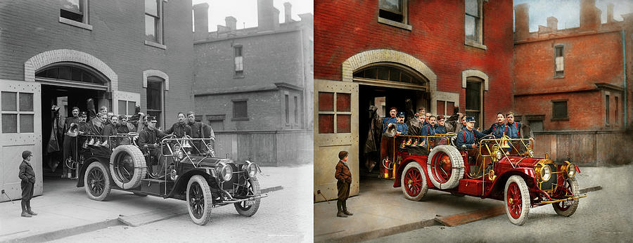 Vintage Photograph - Fire Truck - The flying squadron 1911 - Side by Side by Mike Savad