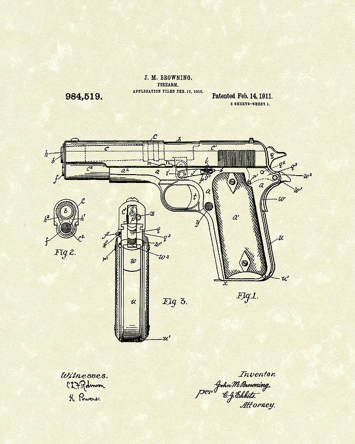 Firearm 1911 Patent Art Drawing by Prior Art Design