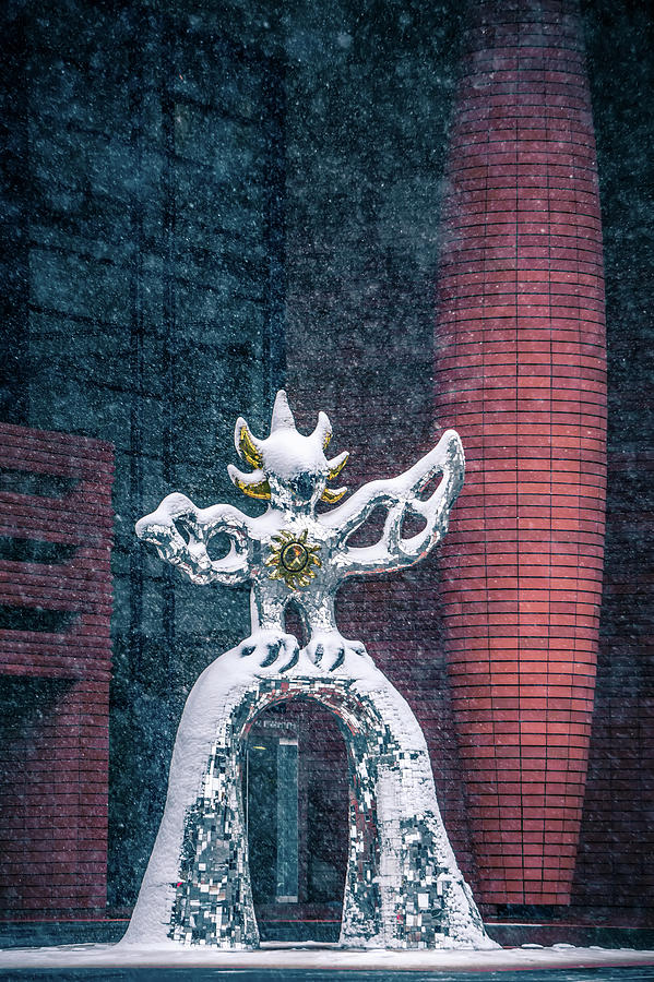 Firebird Statue Made Of Glass During Snow Storm In Upton Charlot Photograph by Alex Grichenko