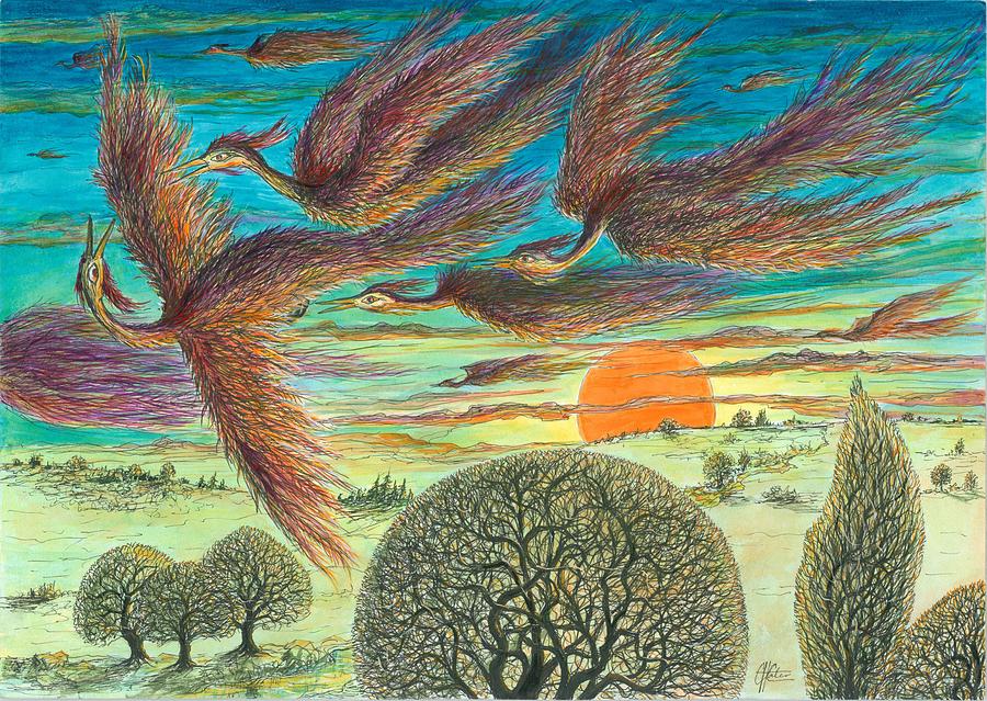 Firebirds At Sunset Painting by Charles Cater
