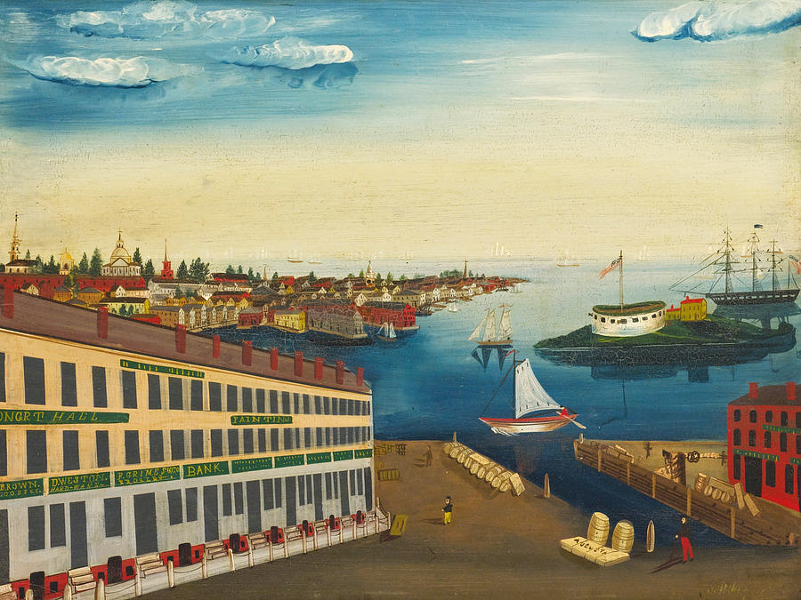 Fireboard with View of Boston Harbor Painting by American School 19th Century