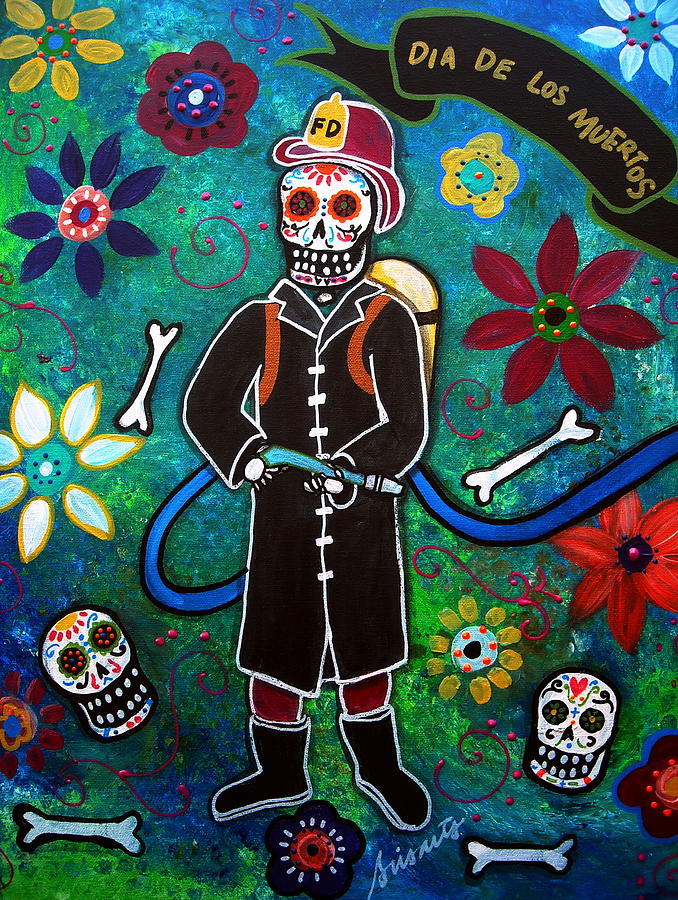 Firefighter Day Of The Dead Painting by Pristine Cartera Turkus