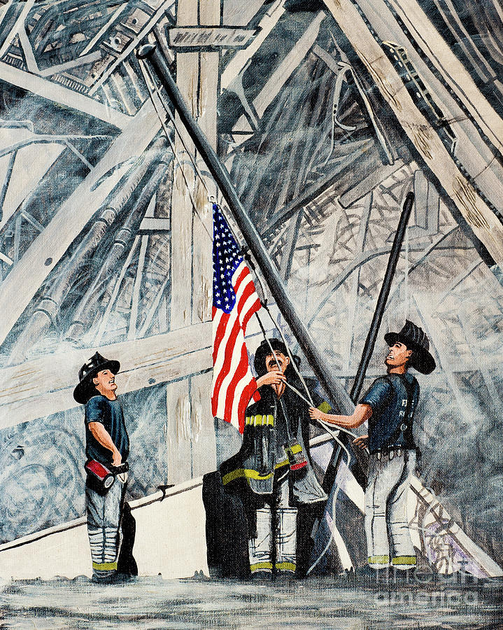 Firefighters Raising the Flag at Ground Zero Painting by Matt Starr