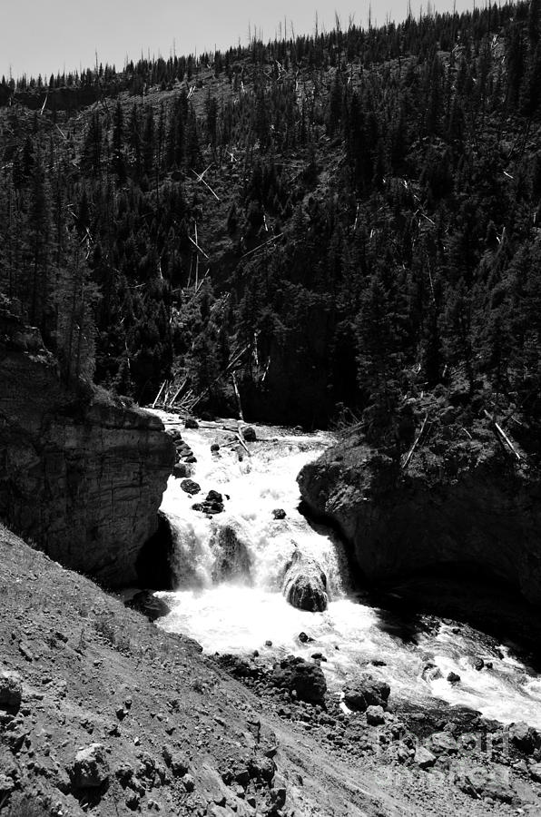 Firehole Falls Landscape Firehole River in Yellowstone National Park Black and White Photograph by Shawn OBrien