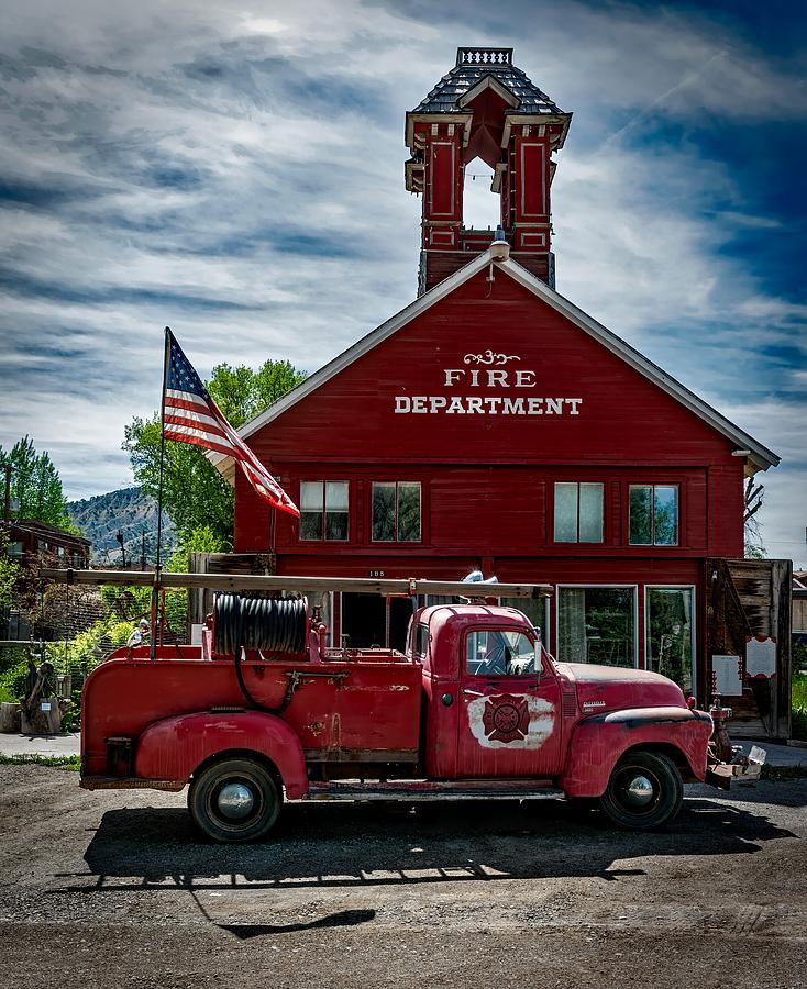 Vintage Photograph - Firehouse And Vintage Firetruck  by Mountain Dreams