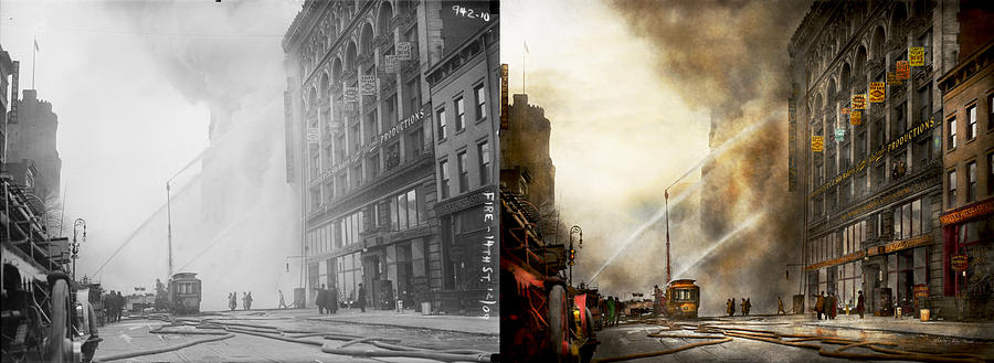 Sign Photograph - Fireman - Brooklyn NY - Surpirse 1909 - Side by Side by Mike Savad