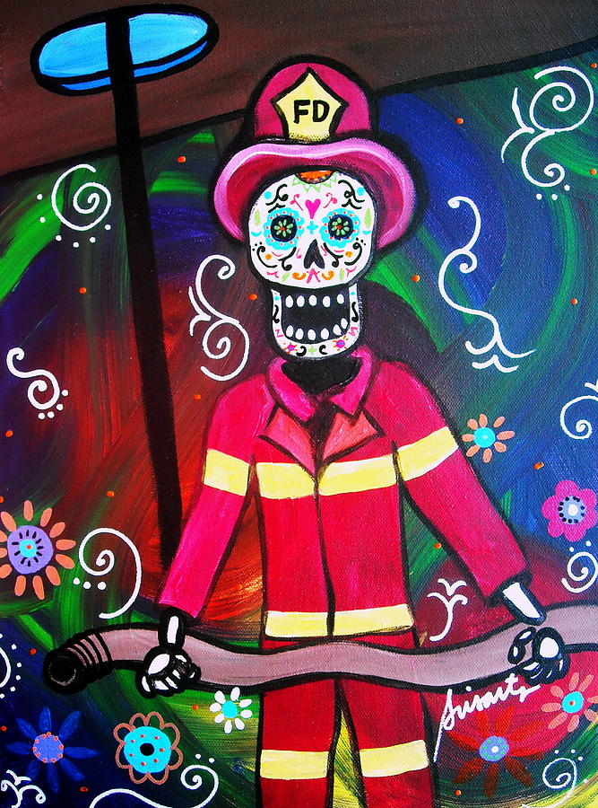 Fireman Dia De Los Muertos Painting by Pristine Cartera Turkus