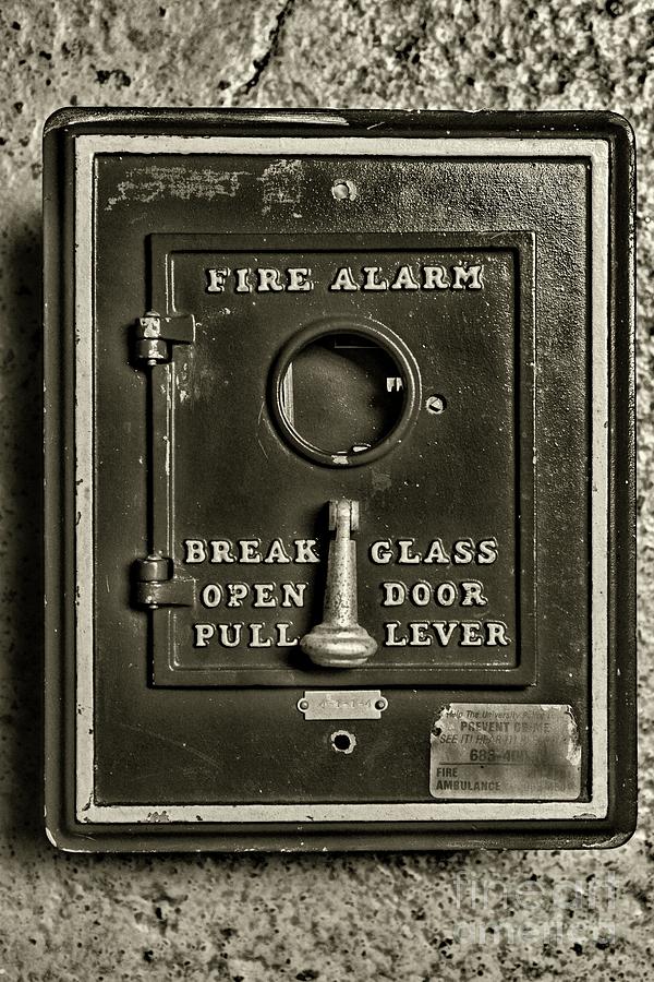 Fireman-Fire Alarm Box Break Glass in black and white Photograph by Paul Ward