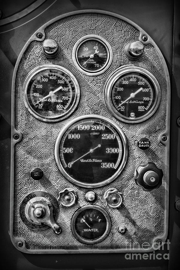 Fireman-Vintage Control Panel black and white Photograph by Paul Ward