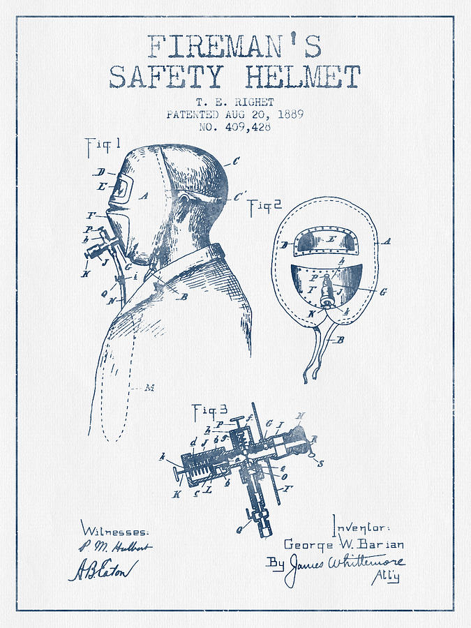 Vintage Digital Art - Firemans Safety Helmet Patent from 1889 - Blue Ink by Aged Pixel