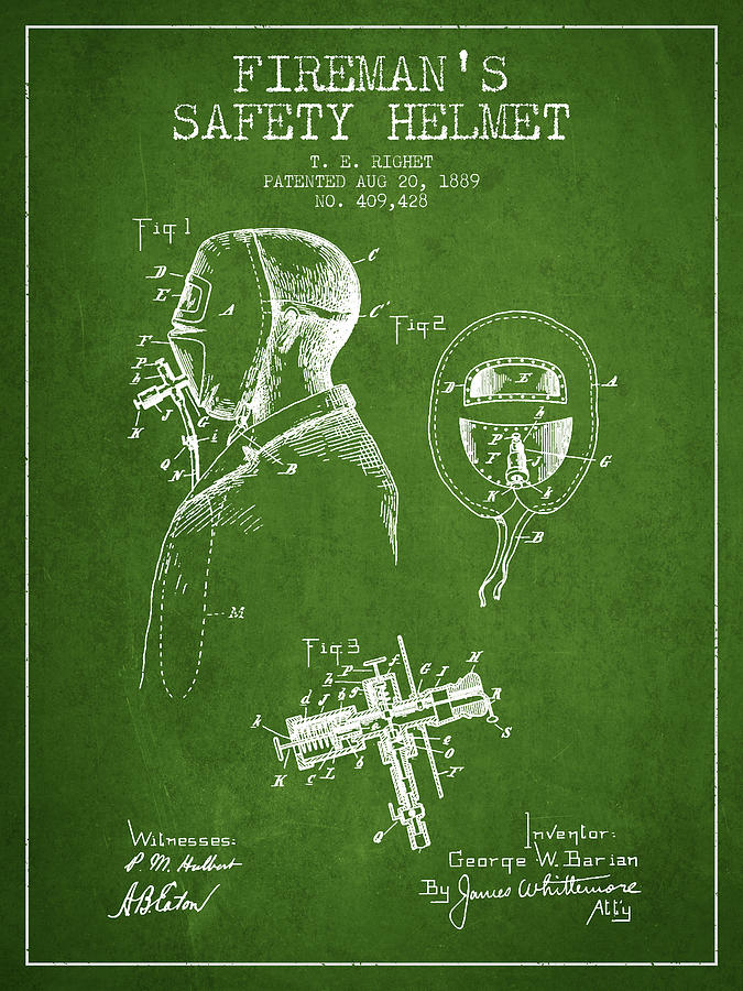 Vintage Digital Art - Firemans Safety Helmet Patent from 1889 - Green by Aged Pixel