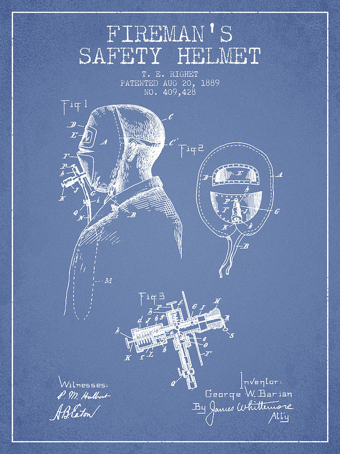 Vintage Digital Art - Firemans Safety Helmet Patent from 1889 - Light Blue by Aged Pixel