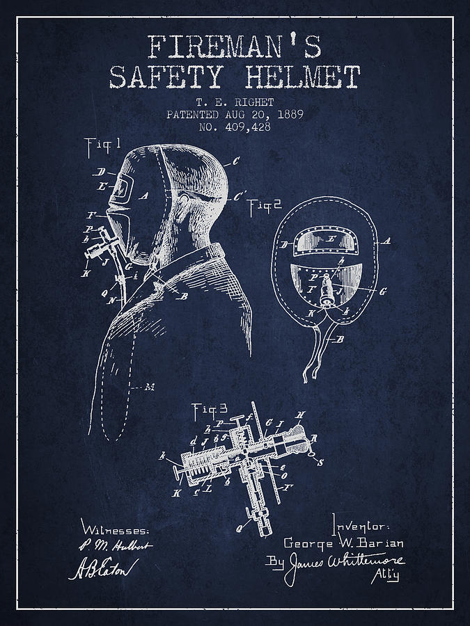 Vintage Digital Art - Firemans Safety Helmet Patent from 1889 - Navy Blue by Aged Pixel