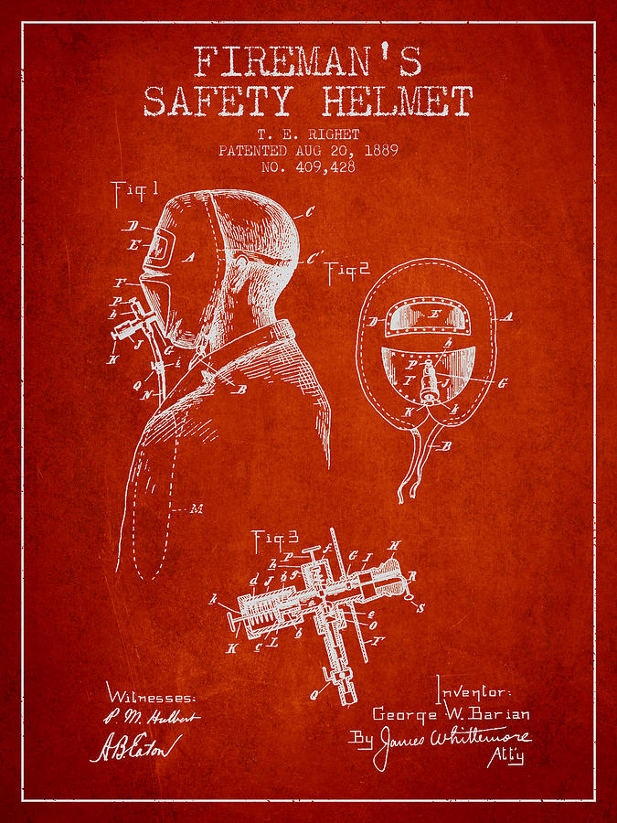 Vintage Digital Art - Firemans Safety Helmet Patent from 1889 - Red by Aged Pixel