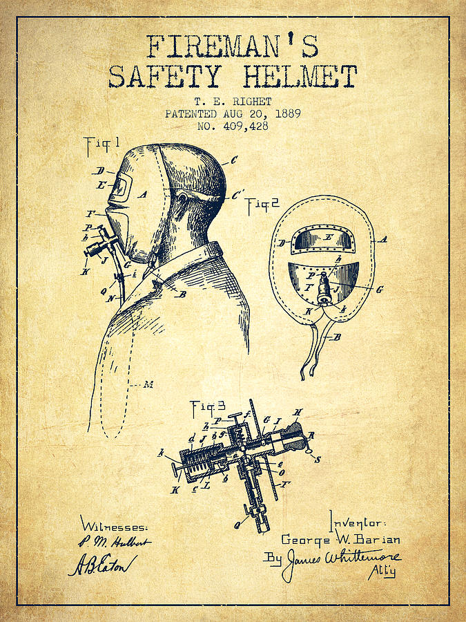 Vintage Digital Art - Firemans Safety Helmet Patent from 1889 - Vintage by Aged Pixel