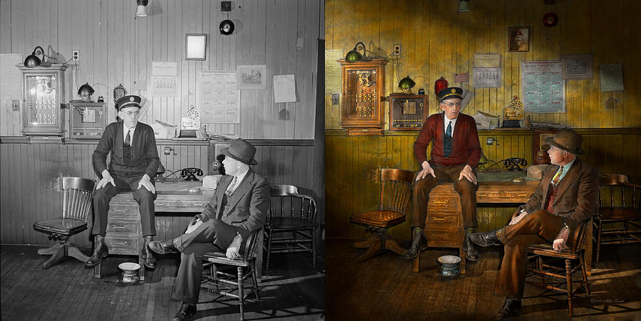 Firemen - Sharing his wisdom - 1942 Side by side Photograph by Mike Savad