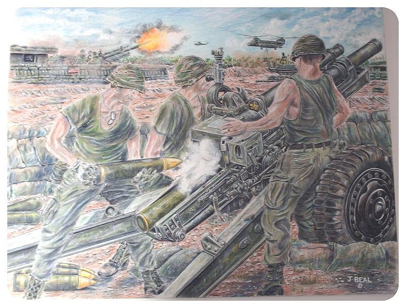 Military Drawing - Firemission Artillery on FSB Melonie 1972 by James Beal Military Drawing - Firemission Artillery on FSB Melonie 1972 by James Beal